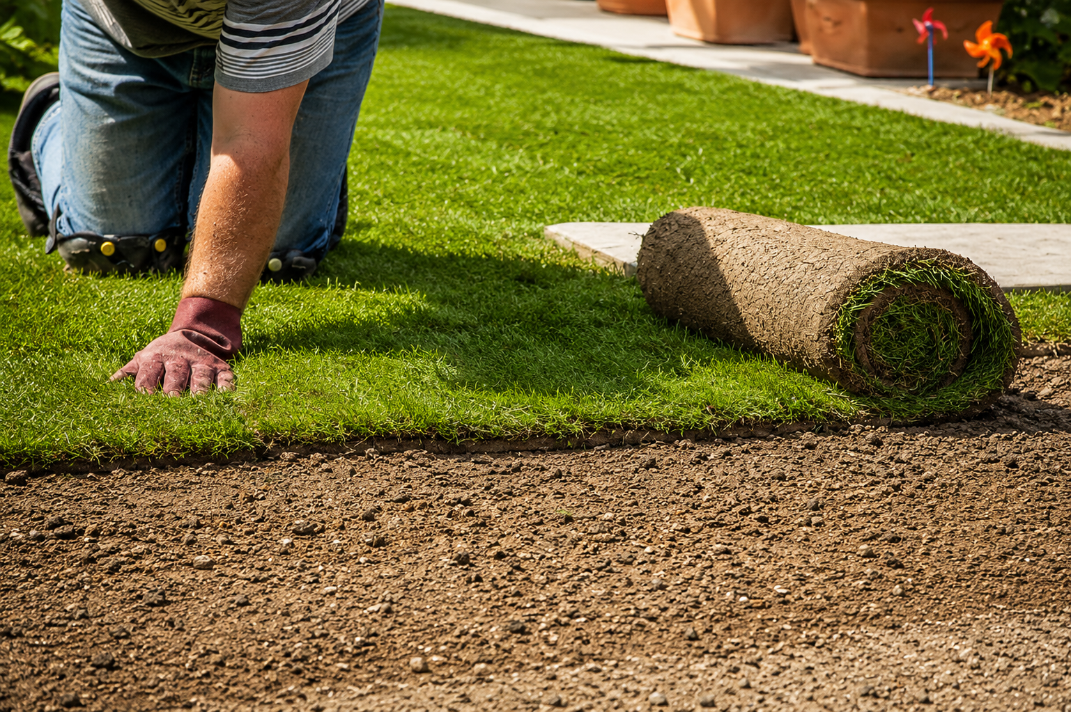 Fresh lawn and plants